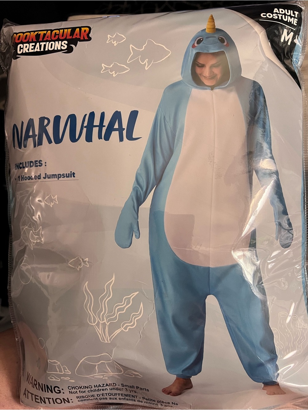 Spooktacular Creations Adult Narwhal Costume Blue Hooded Jumpsuit Size M New